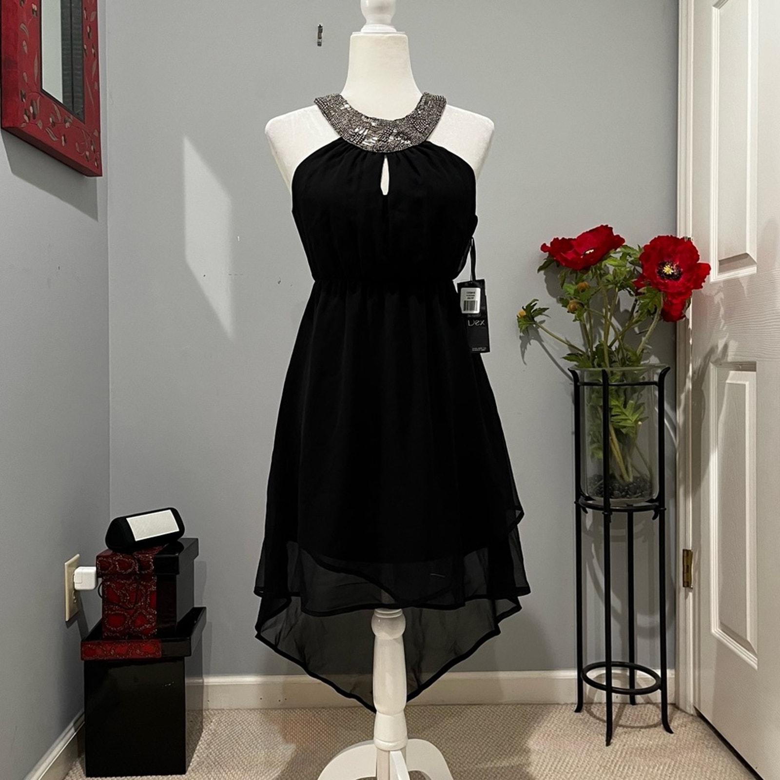 New Dex Grecian Beaded Keyhole Halter High Low Chiffon Date Night Dress Xs Nwt